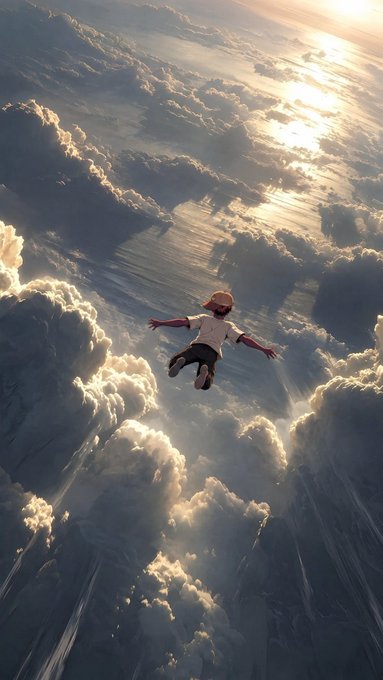 A person wearing a bucket hat, sunglasses, white shirt, and dark pants free-falling through clouds with sunlight streaming through, arms outstretched.
