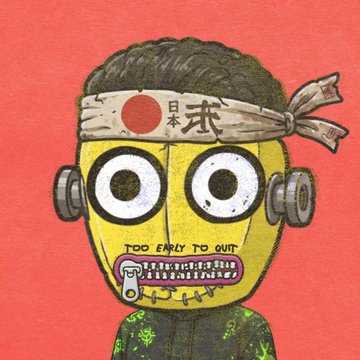 A cartoon illustration of a yellow robotic character with a white headband featuring the Japanese flag, with text reading 'TOO EARLY TO QUIT' on its mouth against a red background.
