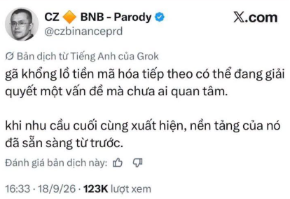 A tweet from the 'CZ ◆ BNB - Parody' account (@czbinanceprd) containing a Vietnamese text translation of a Grok message, garnering 123K views on 18/9/26.