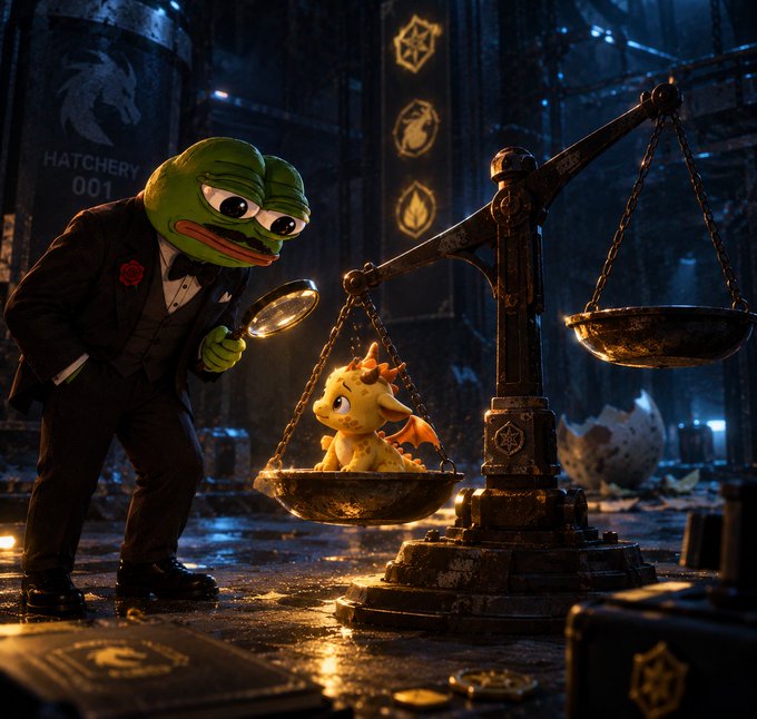 A Pepe the Frog dressed in a suit and bowtie holds a magnifying glass, inspecting a small yellow dragon sitting on the pan of an antique balance scale in a dimly lit, industrial "HATCHERY 001" setting.
