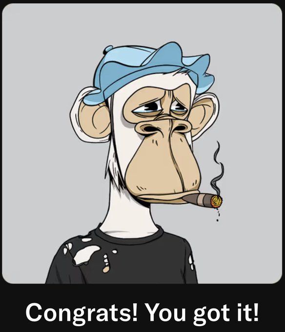 The image features a cartoon monkey wearing a hat and smoking a cigarette while standing against a gray background. The caption of the image reads "Congratulations! You got it!". This message seems to be related to a social media post, possibly from the @BoredApeYC family or someone in their circle who has shared this content.