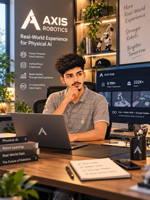 A promotional image for 'Axis Robotics' featuring a young man working on a laptop, surrounded by marketing text about 'Real-World Experience for Physical AI', '6.9M+ Robot Trajectories', and '222K+ Users', alongside books titled 'Physical AI', 'Robot Learning', 'Real-World Data', and 'The Future of Robotics'.