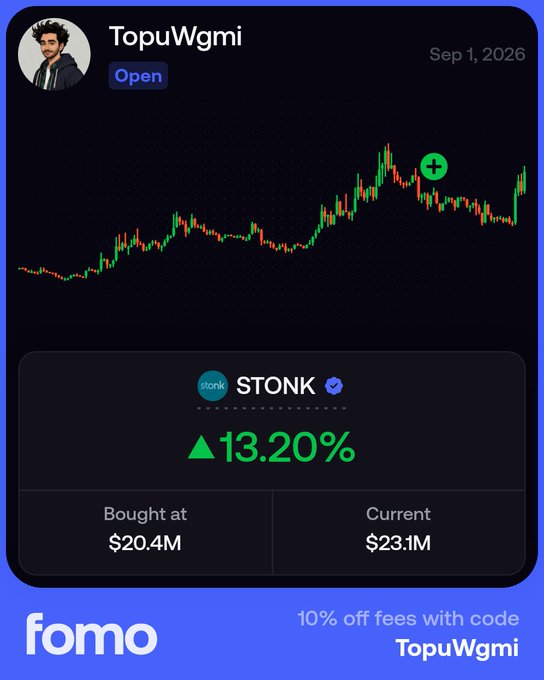 A mobile app screenshot from 'fomo' showing a trading chart for the 'STONK' asset by user TopuWgmi, which has gained 13.20% and is valued at $23.1M.