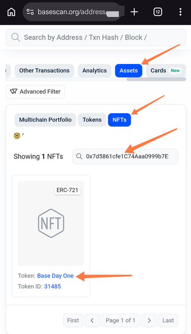 The image displays a basescan.org wallet page showing the "Assets" tab filtered to NFTs, revealing a "Base Day One" ERC-721 NFT with Token ID 31485, confirming the user is a Base OG from the August 9, 2023 mainnet launch.