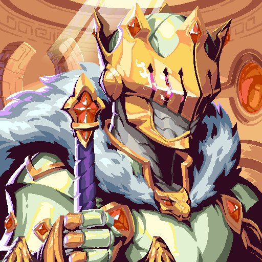 A pixel-art illustration of an armored knight wearing a golden helmet with horns and a fur mantle, holding a sword with a red gem in the pommel.