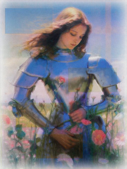 A digital painting in a classical style depicting a young woman with long brown hair wearing ornate blue plate armor, standing amidst pink flowers.