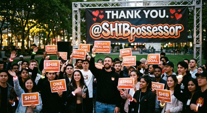 A crowd of enthusiastic supporters holds orange signs reading "$SHIB community," "ONE GOAL," and "BUILD A REAL SHIB COMMUNITY" while gathering beneath a large banner that says "THANK YOU @SHIBpossessor," visually reinforcing the post's message of gratitude and unity within the SHIB community.