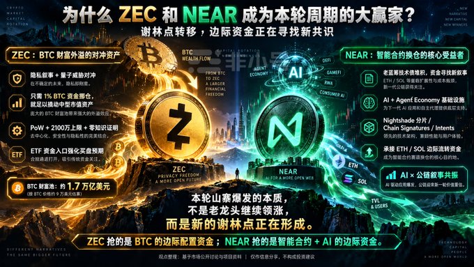 A Chinese infographic titled '为什么 ZEC 和 NEAR 成为本轮周期的大赢家?' (Why are ZEC and NEAR the big winners of this cycle?), contrasting 'ZEC: BTC 财富外溢的对冲资产' and 'NEAR: 智能合约换仓的核心受益者'.