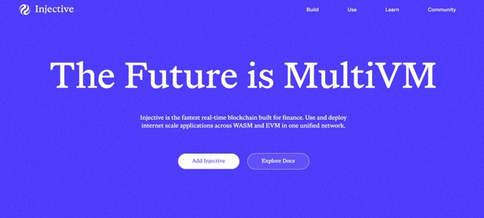 The image features a website called "Injective" with a blue background, displaying its logo at the top. The main content of the image is an explanation about the future of MultiVM architecture, which has been gaining popularity among users. The text on the image emphasizes that people are talking about mass adoption of MultiVM and highlights how it is still one of the most underrated plays in the crypto world.