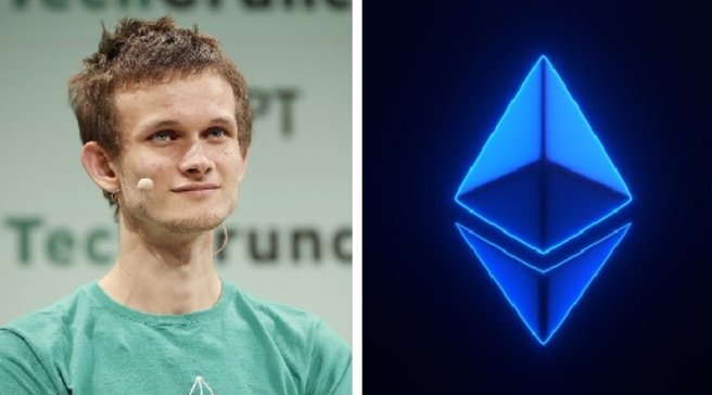 The image features a man wearing a green shirt, standing next to a blue neon logo that says "ETH". The man appears to be smiling for the camera while looking at the camera directly. In the background of the photo, there are two texts written in white and black, which seem to be related to the man's wealth or his involvement with cryptocurrency.