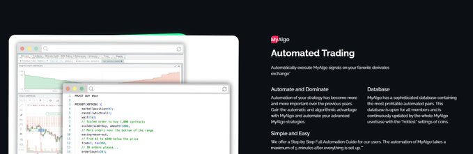 A promotional image for MyAlgo featuring the heading 'Automated Trading' and describing the ability to automatically execute MyAlgo signals on a favorite derivatives exchange, alongside a screenshot of trading charts and code.