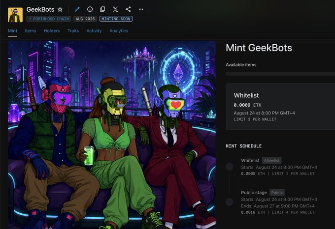 A webpage for 'Mint GeekBots' NFT collection on Robinhood Chain, featuring three cyberpunk-style robot characters with a mint schedule showing Whitelist at 0.0009 ETH starting August 24.