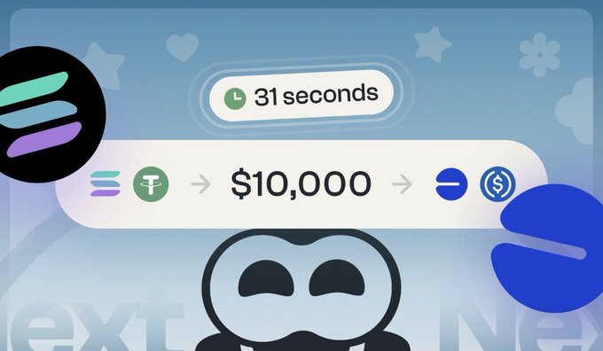 The image depicts a cross-chain bridge interface showing a transaction of $10,000 from Tether (T) to USDC (⌀) completing in 31 seconds, visually illustrating the seamless "barely noticeable" bridge experience that Allbridge's Next aims to deliver.