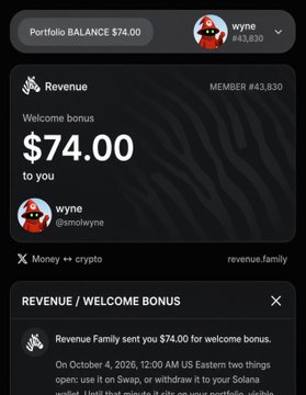 The image shows a Revenue Family dashboard for user "wyne" (#43,830) displaying a portfolio balance of $74.00 and a welcome bonus of $74.00 credited to them, with a notification confirming "Revenue Family sent you $74.00 for welcome bonus." This visually demonstrates the $40–$600 welcome bonus offer referenced in the post, showing one member's actual reward after connecting their X account.