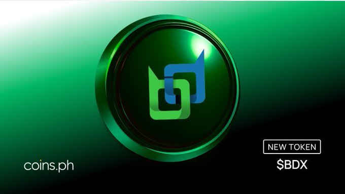 A promotional image with a green background showing a stylized token logo for 'coins.ph' announcing a 'NEW TOKEN' called '$BDX'.