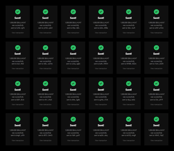 A screenshot showing multiple green checkmarks with 'Sent!' confirmation messages for 1,000,000 BRILLIANT token transactions to various addresses, each offering a 'View transaction' link.