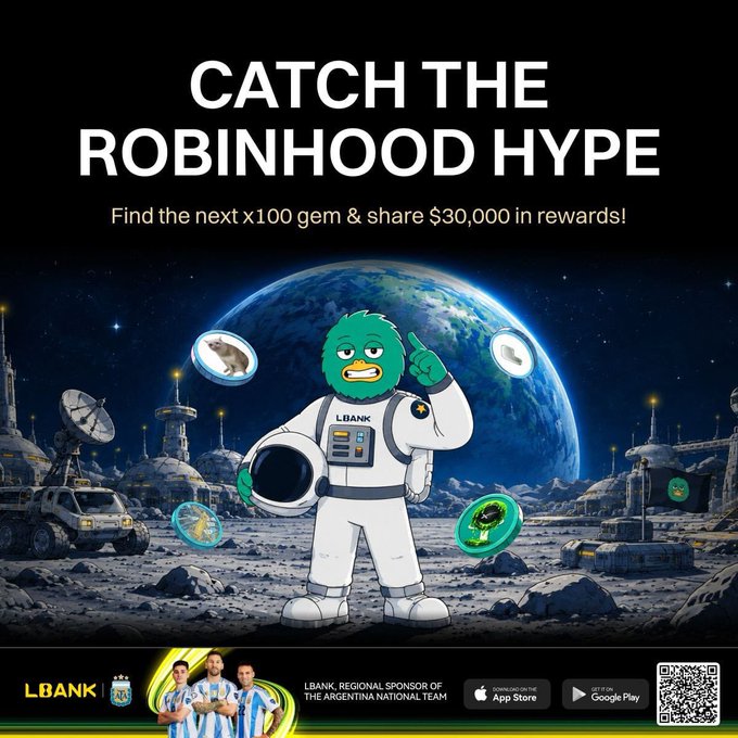 A promotional ad for LBank Exchange featuring "Catch the Robinhood Hype" with an astronaut duck mascot, inviting users to "Find the next x100 gem & share $30,000 in rewards," which ties to the post's announcement of the Robinhood On Chain Rush campaign offering $30,000 in trading rewards alongside limited YETI merchandise. The ad also displays LBank as a regional sponsor of the Argentina National Team with app download links.