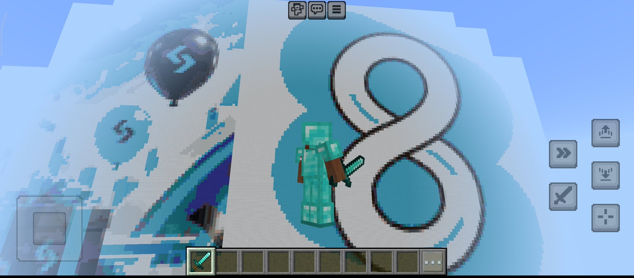 A pixelated figure in diamond armor holds a sword in a blocky 3D game environment featuring large painted murals of a face and an infinity symbol on the walls.