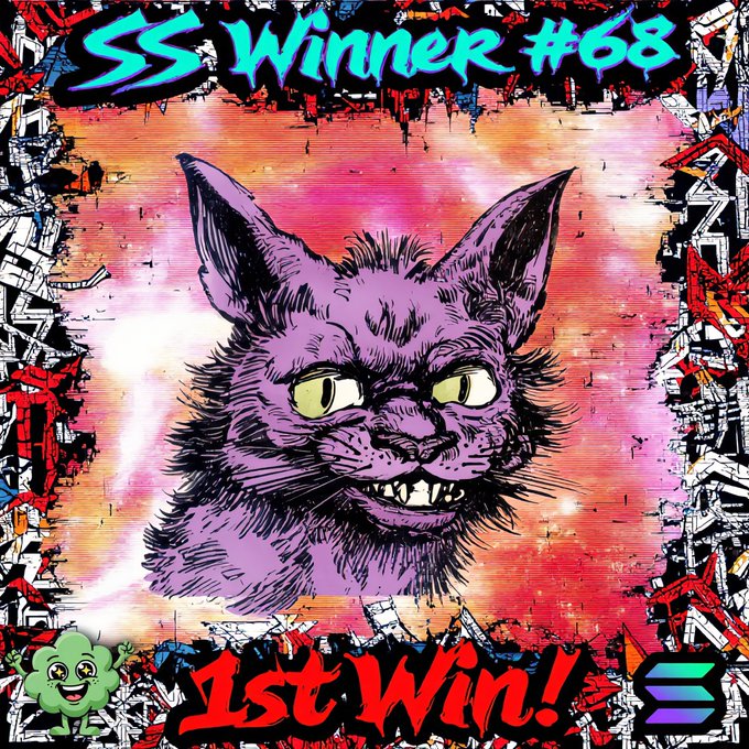 The image is a vibrant graphic celebrating "SS Winner #68" with "1st Win!" displayed at the bottom, featuring a snarling purple cat illustration set against a colorful pink and orange background with a chaotic border. It corresponds to the post by @Rainbowboyly announcing a "Smurf Spotlight V2" contest win, highlighting their first victory on Day 68.