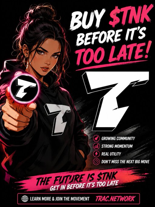 The poster features a young woman with brown hair wearing black clothing, which can be seen as an image of TracNetwork on the poster. In the middle of the image, there's a logo for buying $TNK before it's too late, accompanied by pink text. The phrase "The future is STINK" also stands out in red and pink colors, creating a striking contrast with the rest of the design. This imagery is related to TracNetworks' trading system, which might be used as an advertisement or promotional material for the platform.