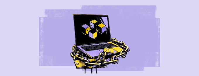 An illustration shows a laptop displaying yellow 3D cube icons on its screen, wrapped and padlocked with gold chains on a purple background.