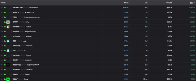 A screenshot of a cryptocurrency tracking dashboard displays memecoin tickers with their market caps, ages, 24-hour trading volumes, and significant 24-hour percentage gains, including CHAMELEON (+18,770%), KORILA (+7,535%), TOFU (+5,040%), EARNY (+3,209%), and HYPURR (+3,150%), illustrating the explosive growth of memecoins on HyperEVM.
