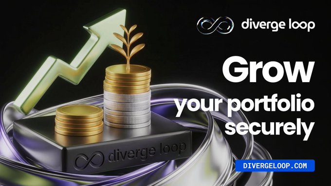 A promotional image for 'diverge loop' featuring stacks of coins with growing plants, an upward green arrow, and the text 'Grow your portfolio securely' along with the website 'divergeloop.com'.