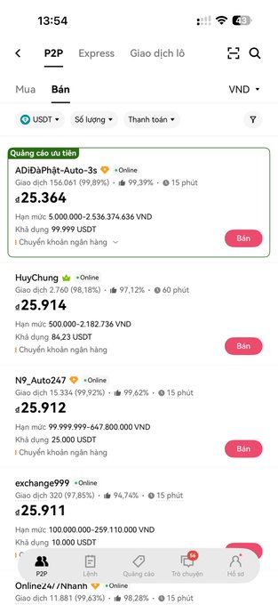 A screenshot of a P2P cryptocurrency trading app in Vietnamese showing USDT buy listings with prices around 25,364 to 25,914 VND and various sellers.