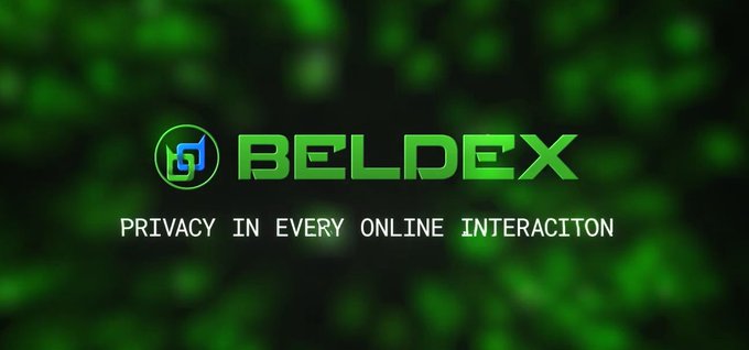 Digital graphic featuring the Beldex logo in bright green with the tagline 'PRIVACY IN EVERY ONLINE INTERACITON' (with a typo in 'INTERACTION') set against a blurred green background.
