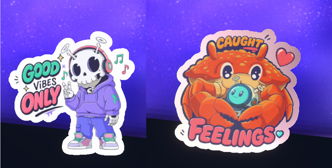 Two colorful sticker designs are displayed against a starry purple background: a skeleton in a hoodie with headphones reading 'GOOD VIBES ONLY,' and a smiling crab holding a cyan creature labeled 'CAUGHT FEELINGS.'