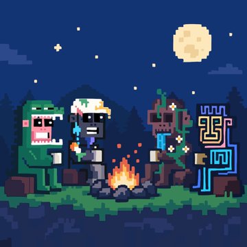A pixel art illustration showing characters in dinosaur and monster costumes sitting around a campfire under a night sky with a full moon.