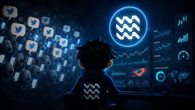 A digital illustration showing a child in a hoodie with the Aquarius zodiac symbol watching multiple screens displaying Twitter icons, price charts, volume graphs, funding data, and a market sentiment gauge at 25%.