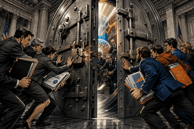A dramatic illustration depicting men in suits pushing open a giant bank vault door, with sparks flying as the heavy doors swing apart to reveal people inside.