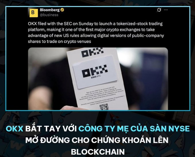 A Bloomberg @business tweet stating that OKX filed with the SEC to launch a tokenized-stock trading platform, with Vietnamese text below translating to 'OKX shakes hands with NYSE's parent company, paving the way for stocks on blockchain.'