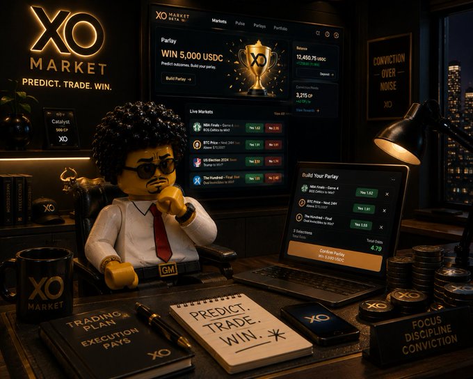 A stylized image of a Lego-like figure in a suit at a desk with an 'XO MARKET' sign and 'PREDICT. TRADE. WIN.' tagline, featuring monitors showing a prediction market interface.