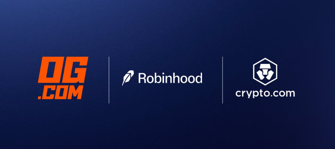 A promotional banner with a blue background displays the logos for OG.com, Robinhood, and crypto.com.