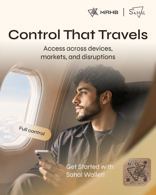 An advertisement for 'MRHB | SAHAL' wallet features a man looking out an airplane window with the text 'Control That Travels' and 'Full control'.