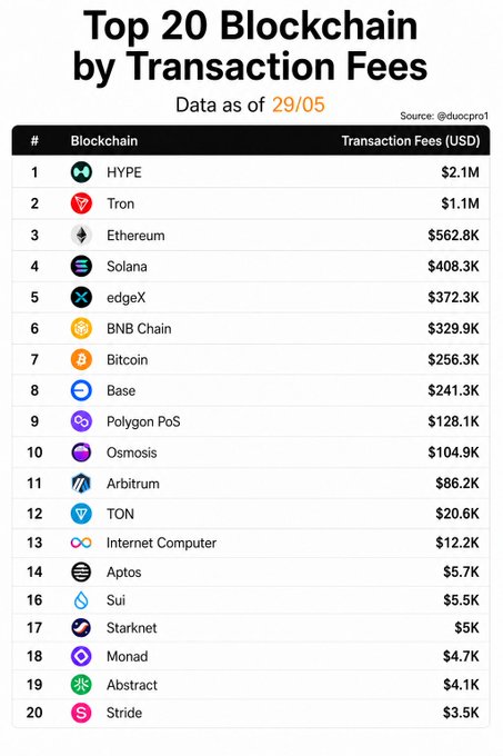 The image shows a table with various cryptocurrency names listed, along with their respective transaction fees. The top 20 blockchains by transaction fees are displayed, including Bitcoin, Ethereum, Solana, BNB Chain, Bitcoin Cash, Ripple, Hyperliquid, Tron, edgeX, Bitcoin Cash, Bitcoin, Bitcoin Cash, Bitcoin Cash, Bitcoin Cash, Bitcoin Cash, Bitcoin Cash, Bitcoin Cash, Bitcoin Cash, Bitcoin Cash, Bitcoin Cash, Bitcoin Cash, Bitcoin Cash. The table is organized in a way that allows for easy comparison of the transaction fees and the corresponding blockchains.