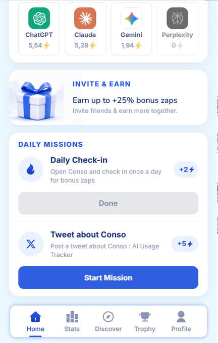 A Conso app rewards screen showing AI tools ChatGPT, Claude, Gemini, and Perplexy, an “INVITE & EARN” offer, and daily missions including a check-in and a post about Conso: AI Usage Tracker.