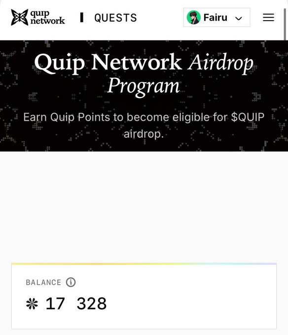 A screenshot of the Quip Network Airdrop Program page showing the user "Fairu" with a balance of 17,328 Quip Points, reflecting the poster's question about whether their current points are enough to secure a whitelist spot in the upcoming auction.