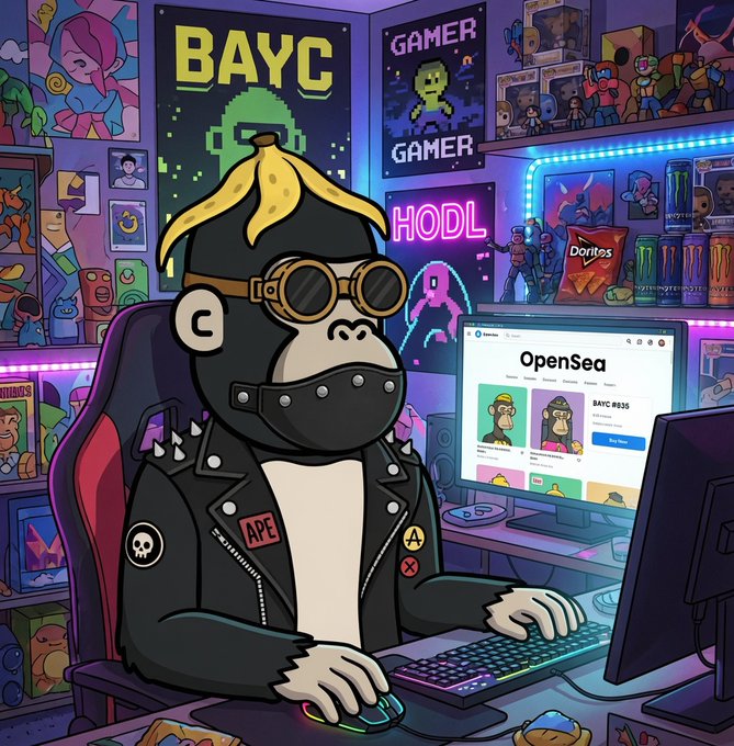 A cartoon ape with a banana on its head wearing goggles and a spiked leather jacket sits at a computer displaying the OpenSea NFT marketplace, surrounded by gaming paraphernalia and crypto-themed posters reading "BAYC," "GAMER," and "HODL," with snacks including Doritos and Monster energy drinks nearby—perfectly matching the post's playful weekend NFT-buying vibe tagged to @ape0nchain.