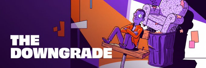 Illustration for "The Downgrade" featuring an animated purple character in an orange jumpsuit sitting on a wooden plank over a trash can with a discarded armchair.