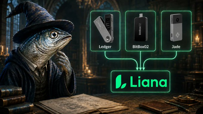 The image features a fish dressed as a wizard (likely a nod to wizardsardine.com) sitting at a desk with books, next to a diagram showing three hardware wallets—Ledger, BitBox02, and Jade—connecting to Liana, illustrating the post's recommendation for multi-vendor multisig setups to avoid reliance on a single hardware wallet manufacturer.