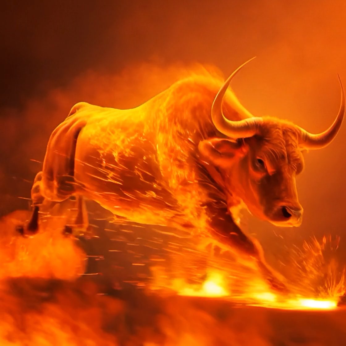 A dramatic digital artwork of a bull charging forward, entirely engulfed in flames with an orange and fiery color palette.