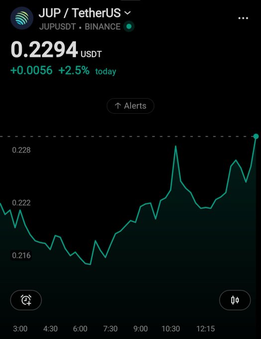A cryptocurrency chart shows JUP/TetherUS (JUPUSDT) on Binance trading at 0.2294 USDT, up +0.0056 (+2.5%) today, with a green line graph showing price movement between approximately 0.216 and 0.228.