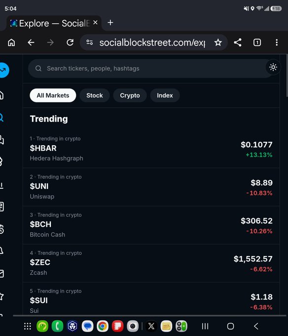 A mobile screenshot of socialblockstreet.com showing trending crypto tickers including $HBAR (+13.13%), $UNI (-10.83%), $BCB (-10.26%), $ZEC (-6.62%), and $SUI (-6.38%).