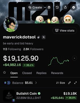 A screenshot of the Moak app showing the profile 'maverickdotsol' with stats: 113 Following, 2.8K Followers, and a balance of $19,125.90, featuring a token called 'Bullshit Coin' priced at $19.18K.
