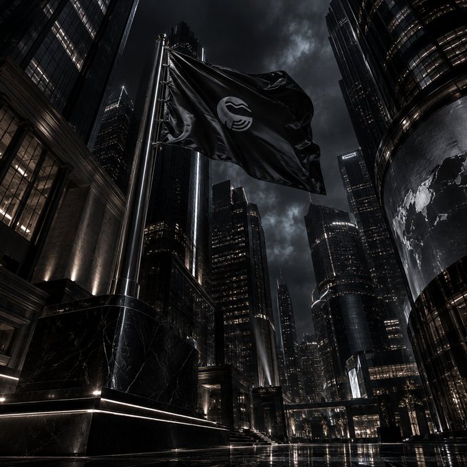 A dark, moody cityscape at night featuring a tall flagpole flying a black flag with a white circular logo against illuminated skyscrapers.