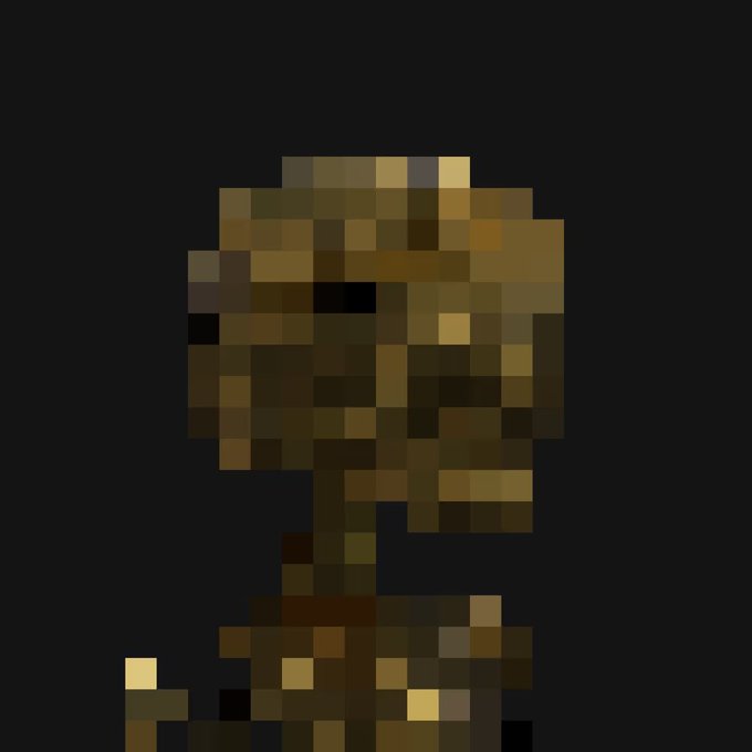 A heavily pixelated, low-resolution image shows the brown and tan shape of a figure, possibly a person or character, against a black background.