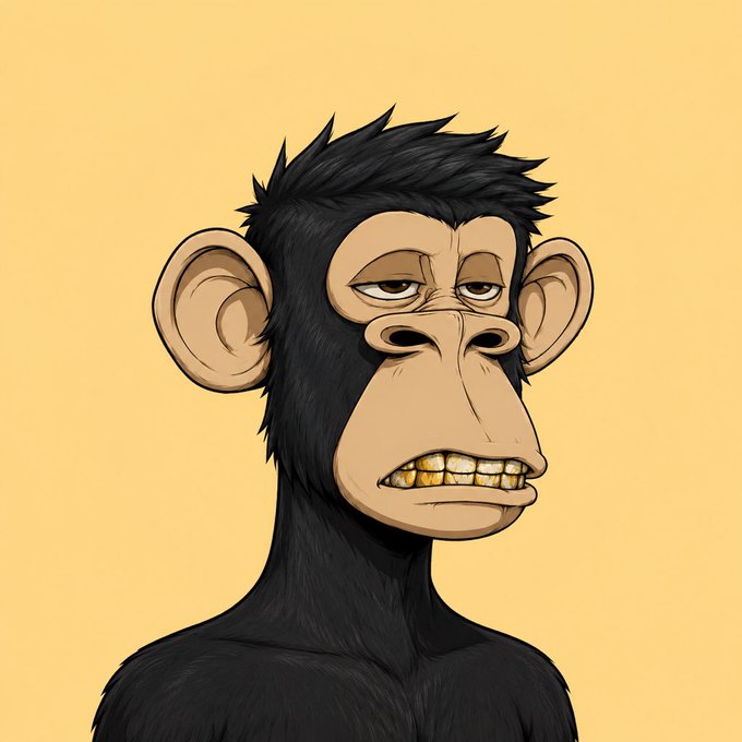 The image features an anthropomorphized cartoon monkey with black hair, wearing a yellow shirt against a light yellow background. The monkey has a sad expression on its face as if it's bored or unhappy. The caption below the image reads "it's art it's culture it's a vibe bored ape yacht club". This phrase suggests that the monkey is depicted in an artistic and humorous manner, possibly as part of a cartoon or illustration series.